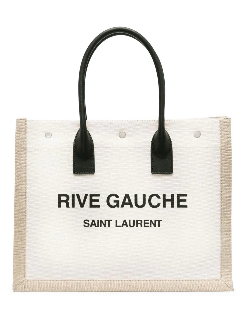 Saint Laurent Rive Gauche White Canvas Tote with Black Handles and Natural Trim